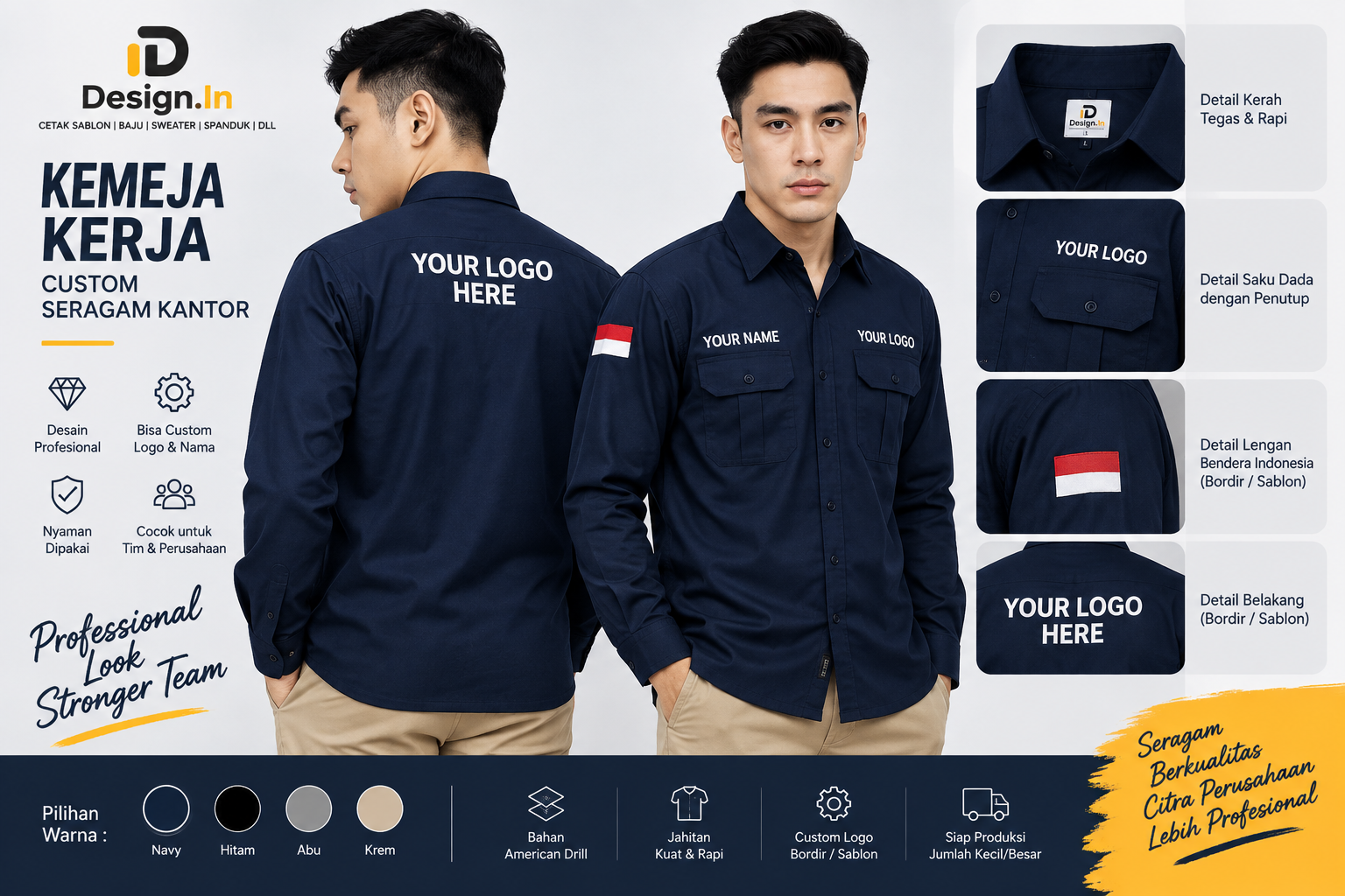 Kemeja kerja seragam kantor custom bordir logo Design.In